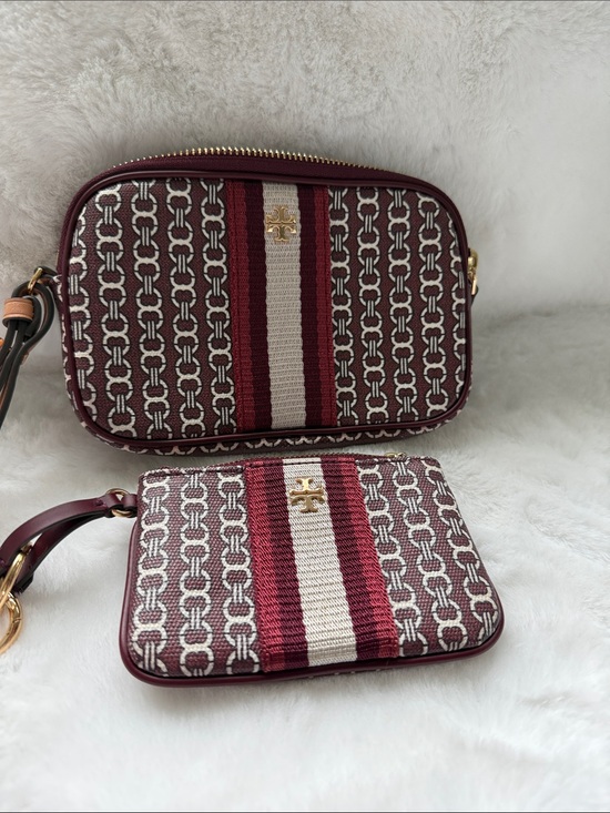 Tory Burch Handbags - Tory Burch Burgundy and Cream Jacquard pouch with Wristlet